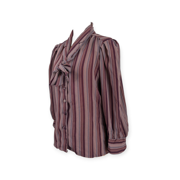 Vintage Jonathon Martin Blouse 9/10 Mauve Stripe Button Down Neck Bowtie - Picture 2 of 9